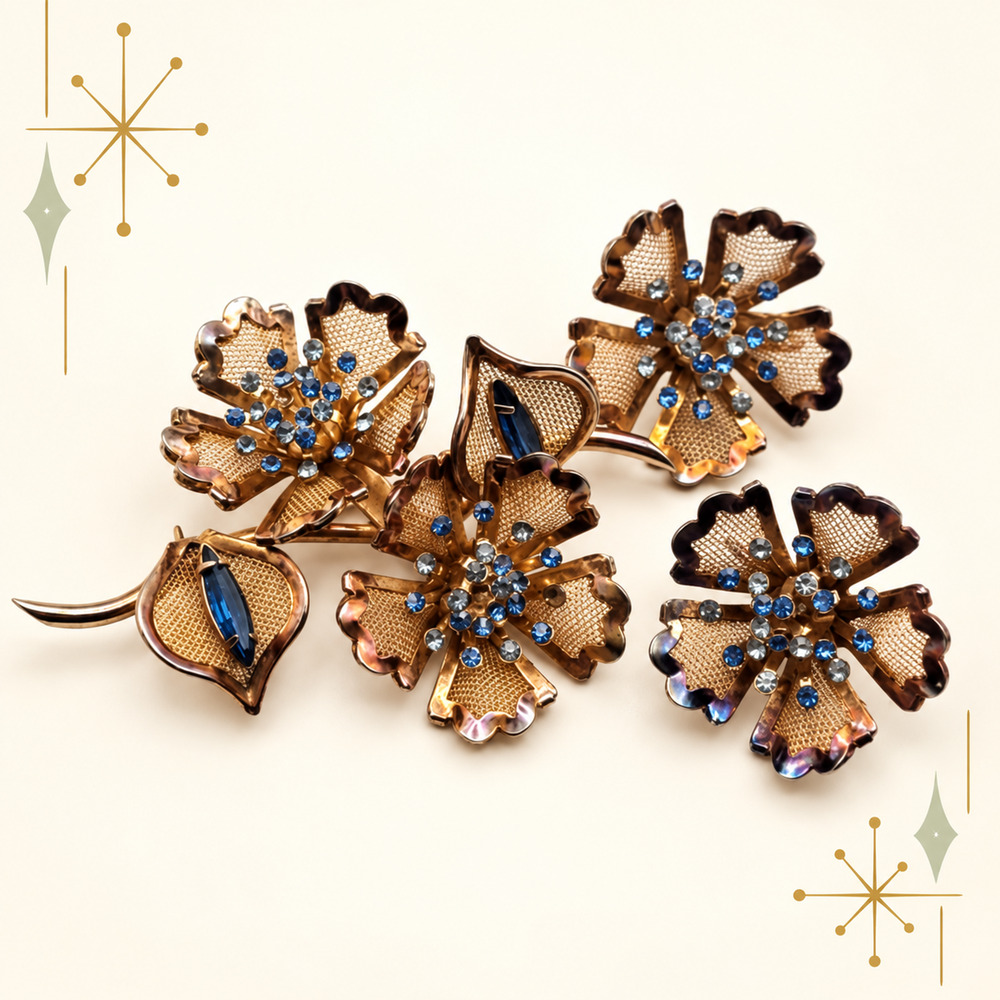 Vintage BED Blue Rhinestone Mesh Flower Brooch Earrings Set 1960s MCM Floral